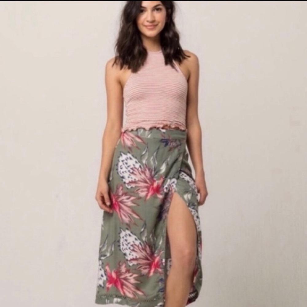 Roxy Green Floral Midi Wrap Skirt